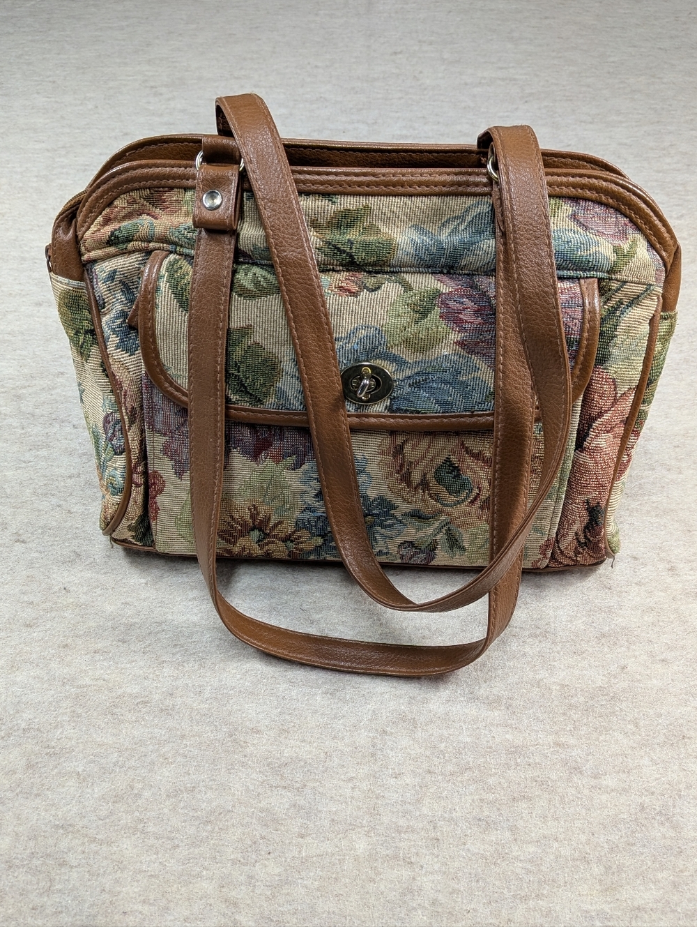 Vintage Floral Carpet Tapestry Bag Purse Brown Trim Storage Pockets Clasp Med